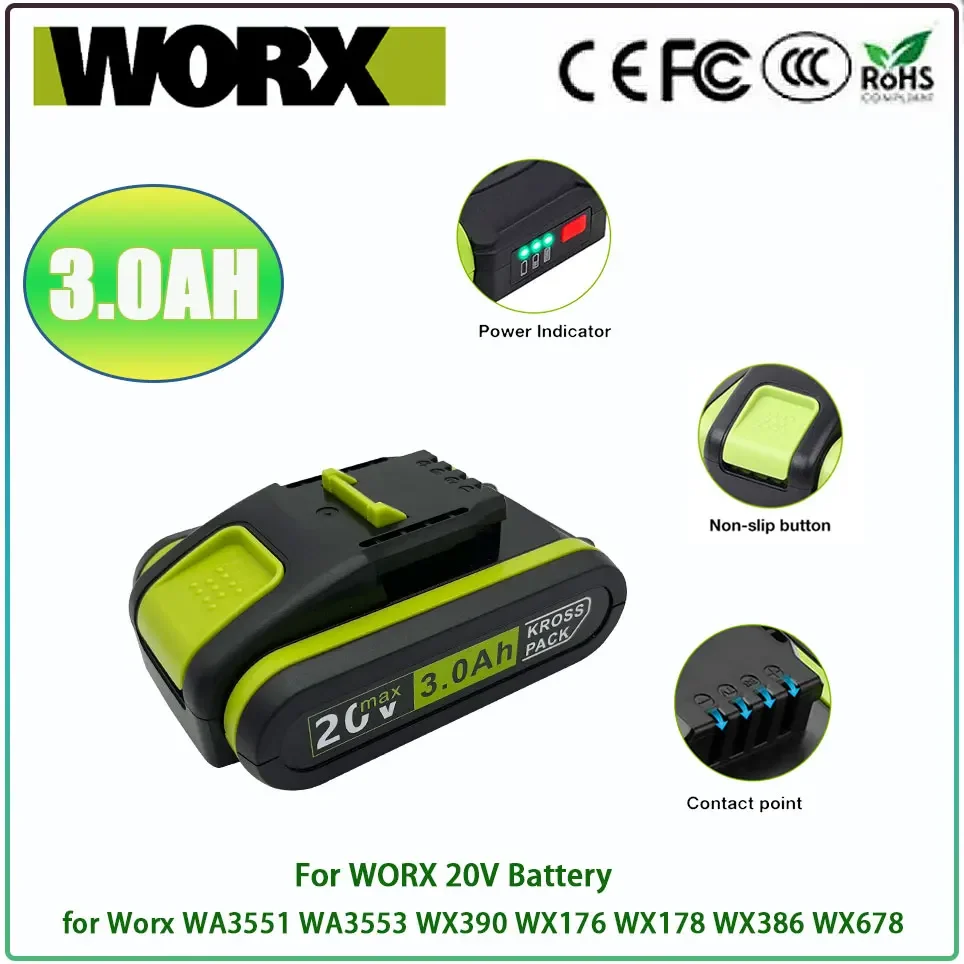 

Worx New Power Tools Rechargeable Replacement Battery 20V 3000mAh Lithium for Worx WA3551 WA3553 WX390 WX176 WX178 WX386 WX678