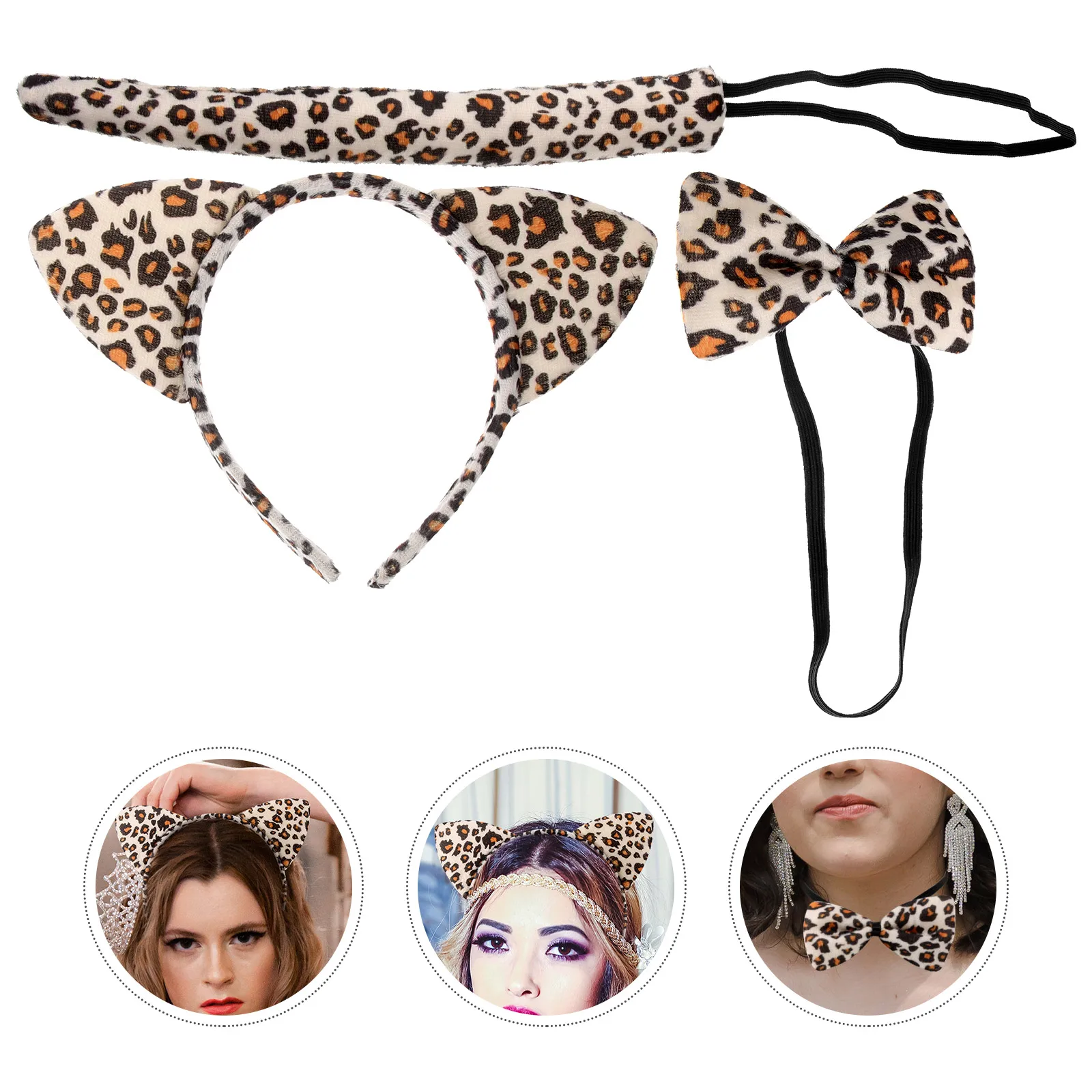 

6 Pcs Cartoon Headband Headdress Halloween Leopard Ears Cat Costume Accessories Animal up Tail Print for Women