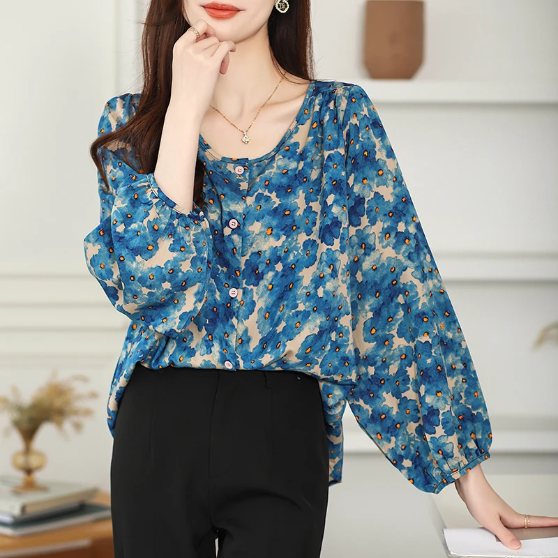 Women Spring Korean Simplicity Office Lady Loose Printing O-neck Long Sleeve Shirts Women Clothes Casual All-match Trend Tops