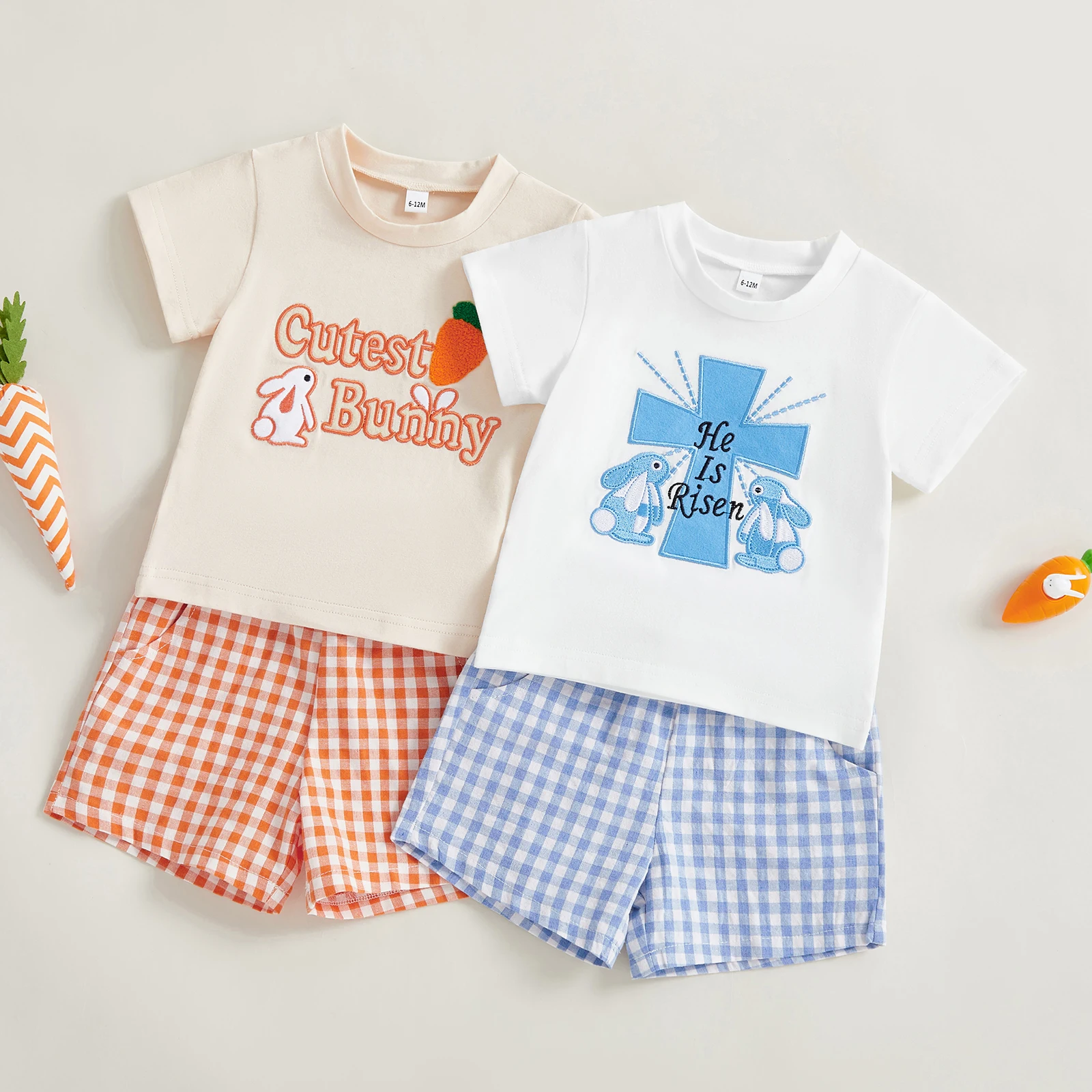 Summer Easter Kids Toddler Boy Girl Outfits Bunny Print Short Sleeve Tops Plaid Shorts Clothes Set