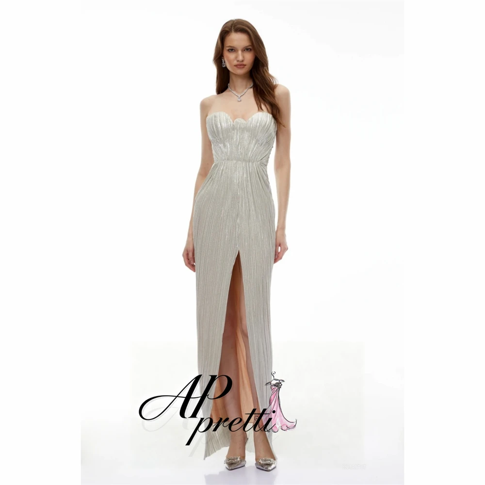 AP pretti Shining Silver Mermaid Evening Dress Customized Elegant Scallop Sweetheart Pleated High Slit Floor Length Party Gown