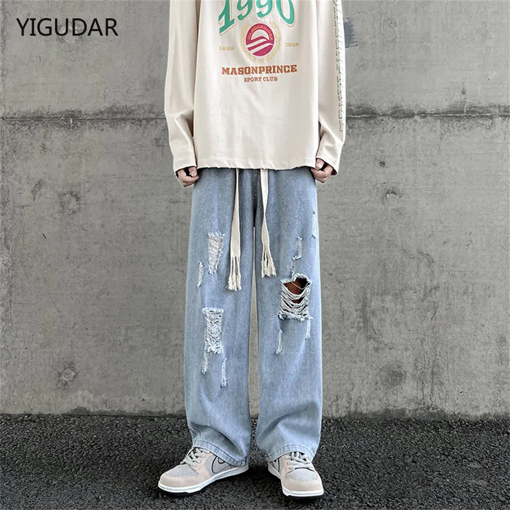 

streetwear jean femme baggy wide leg denim Jeans for men Man casual pants Men's jeans ripped hole Male trousers mens pantalon