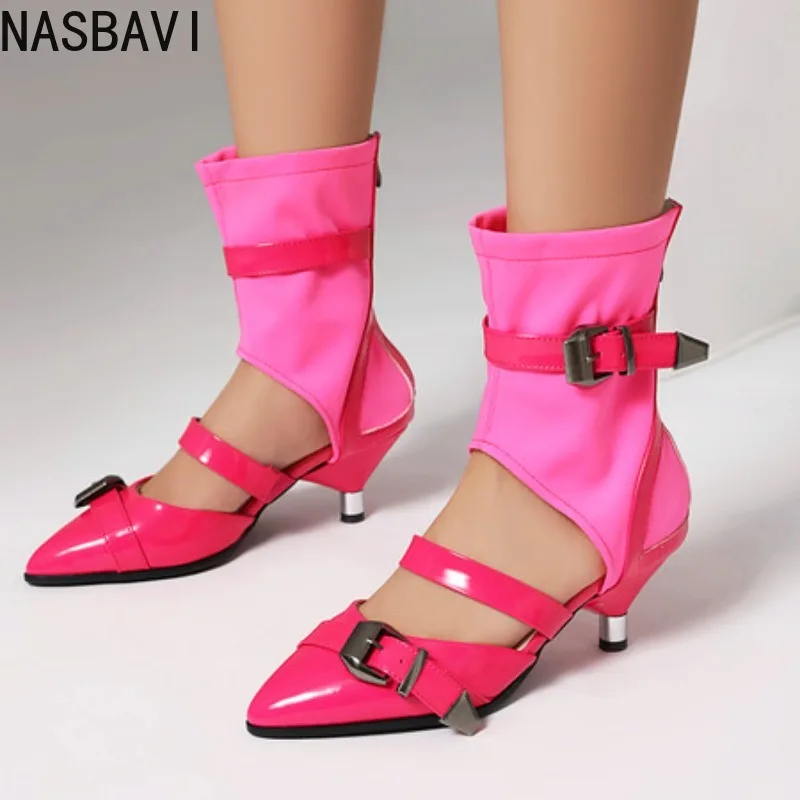 

NASBAVI Women Stretchy Upper Summer Short Boots Belt Metal Buckles Patent Patchwork Sandals Bigger Size 43 Low Heels Shoes
