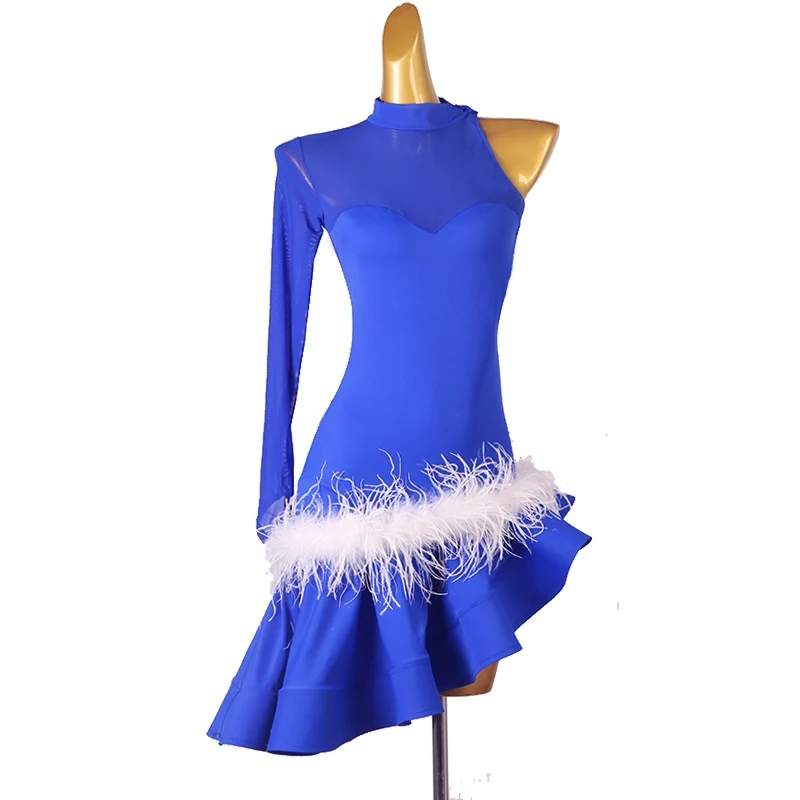 Feather Latin Dance Mesh Dress Professional Performance Competition Outfit Slanted Dress Rumba Chacha Dance Dress DQL9923