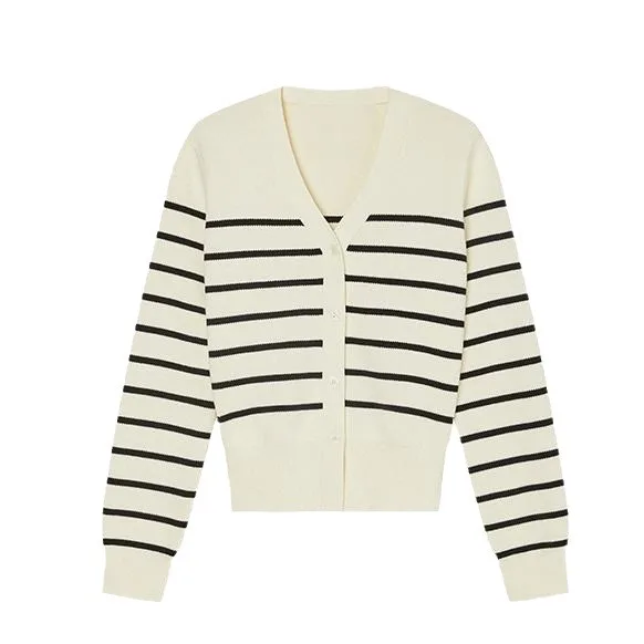 College style v-neck striped knitted cardigan for women autumn and winter new design loose sweater jacket top