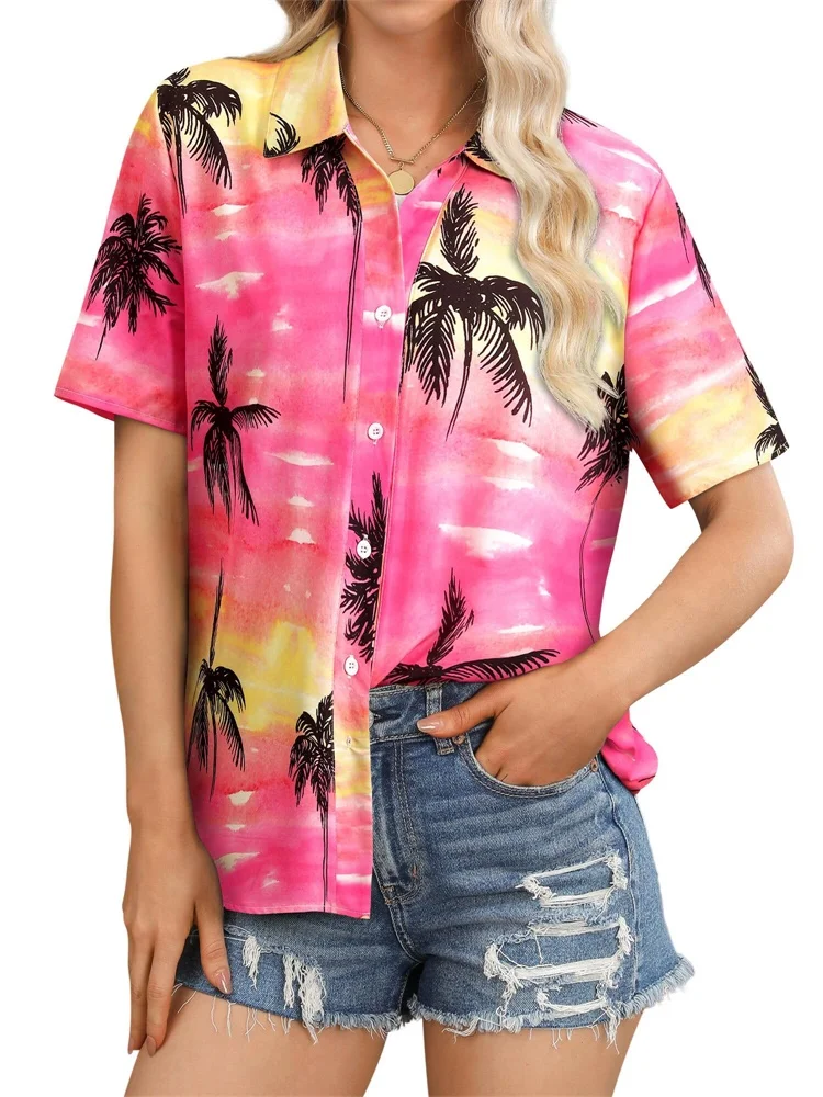 

2025 New Women's Short-sleeved Shirt With Foundation And Palm Tree Print, Summer Vacation Fashion And Casual