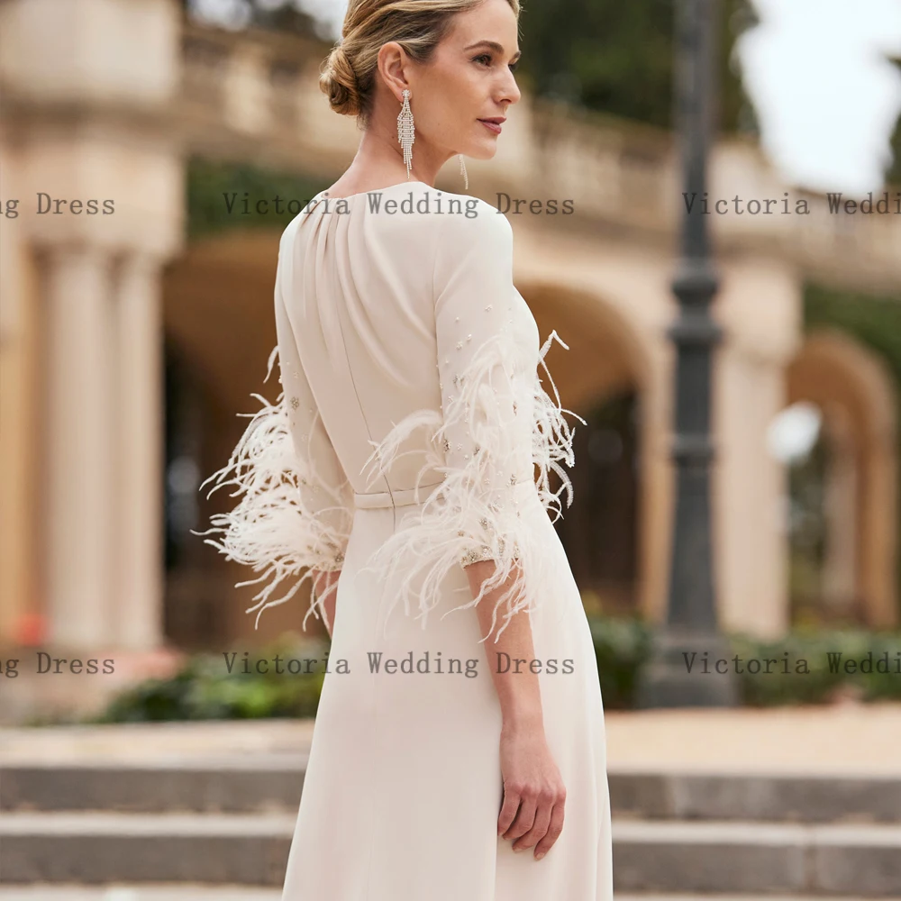 Elegant A-Line Mother of the Bride Dresses Jewel Neck 3/4 Sleeves Wedding Party Gowns Feather Floor Length 2024 فساتين السهرة