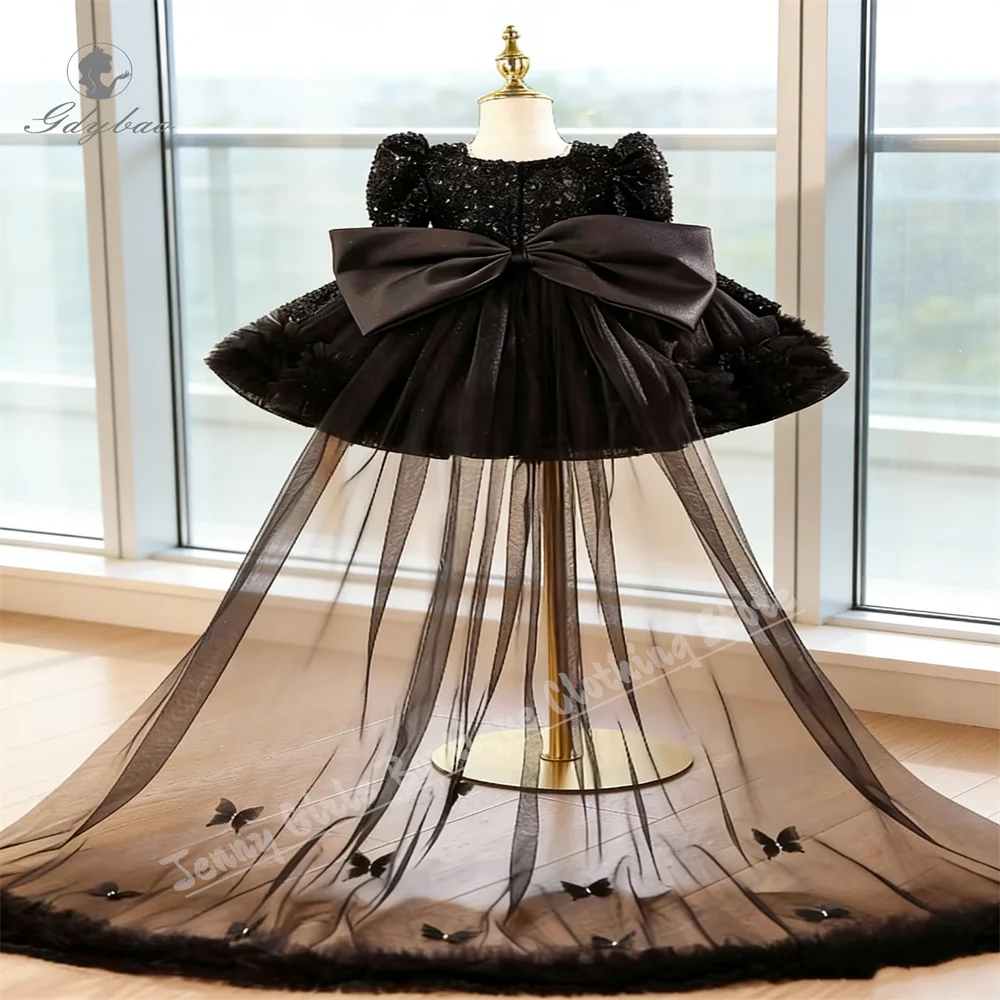 Children Girls Black Sequin Princess Party Dress Detachable Tail Kids Formal Evening Celebration Gown With Bow Birthday Party