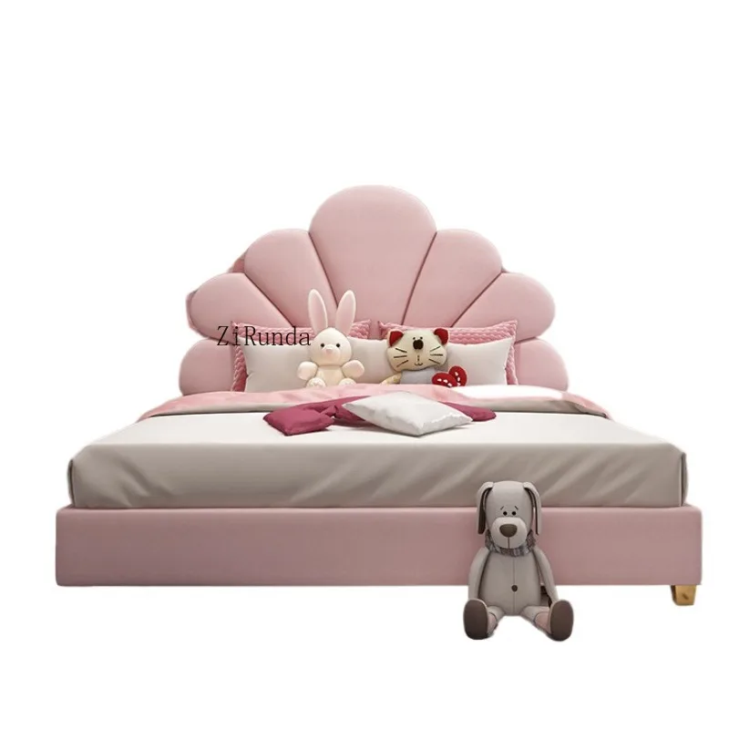 Luxury upholstered flower headboard leather children's bed modern pink velvet girls room bed