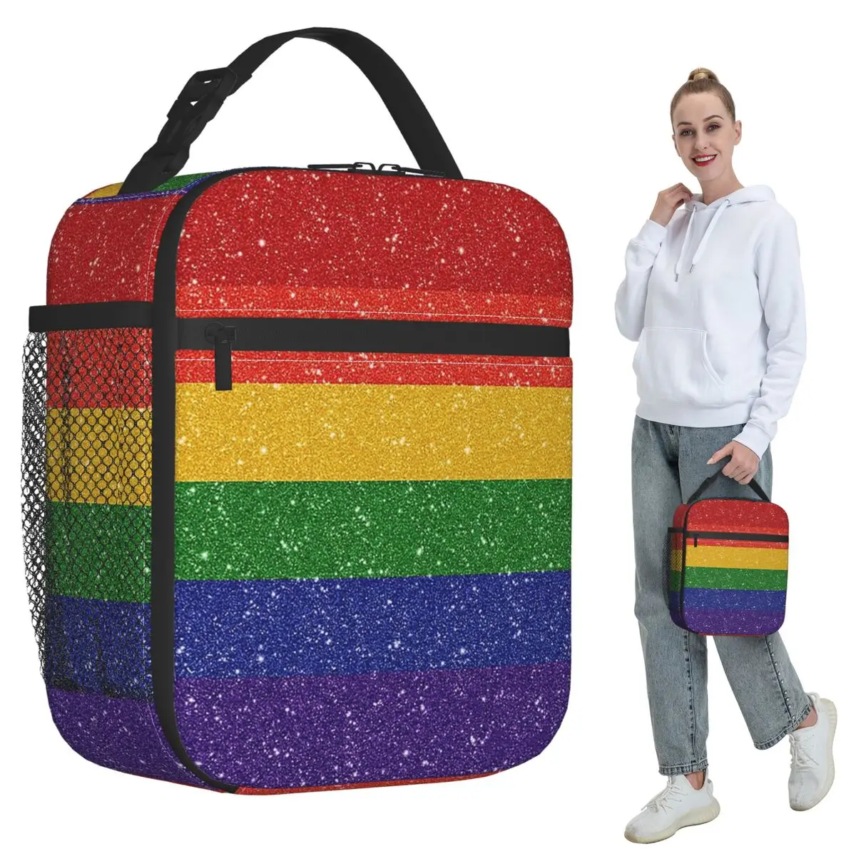 Faux Glitter LGBTQ Pride Rainbow Flag Background Insulated Lunch Bag Cooler Thermal Food Box Tote Portable Lunch Boxes Container