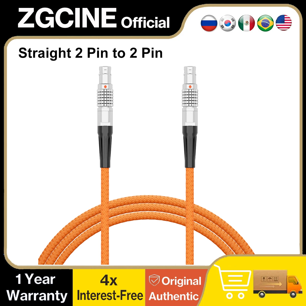 ZGCINE Straight 2-Pin to Straight 2-Pin Power Cable 100W 5A Max Nylon Braided 60cm for ARRI RED Teradek SmallHD Z-CAM