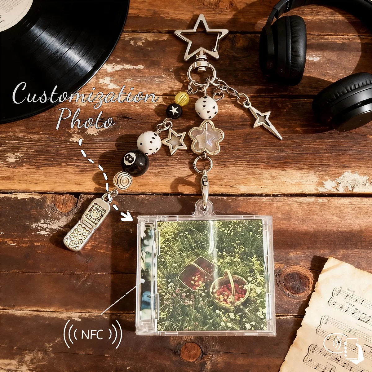 Custom NFC Mini CD Case Keychain, Personalized Photo Playable Music Beaded Star Charm, Unique Souvenir Gift for Music Fans