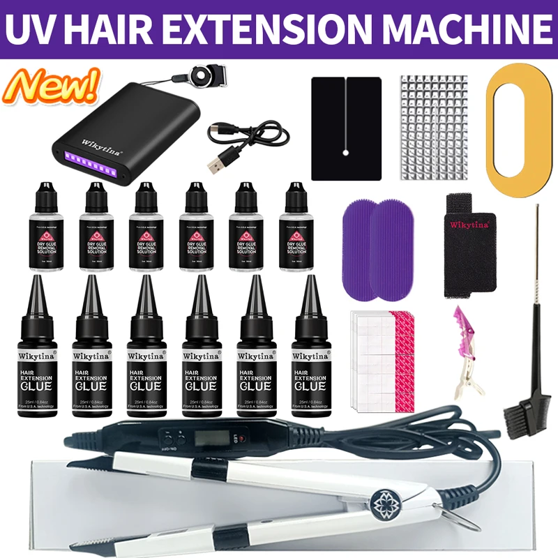 All in One V Light Hair Extensions Kit with UV Light Glue and Hair Extension Machine for Long Lasting Extensions