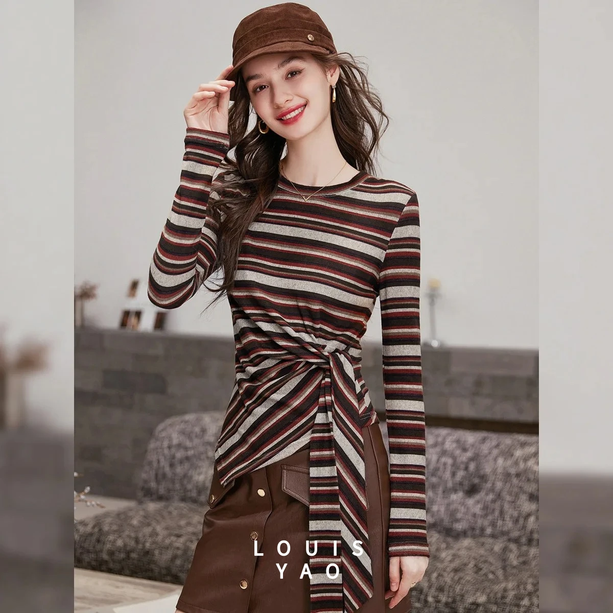 

LOUISYAO полосатая футболка с длинными рукавами и принтом тай-дай, футболки осень-зима 2022, слегка растягивающийся пуловер в стиле ретро, женская футболка