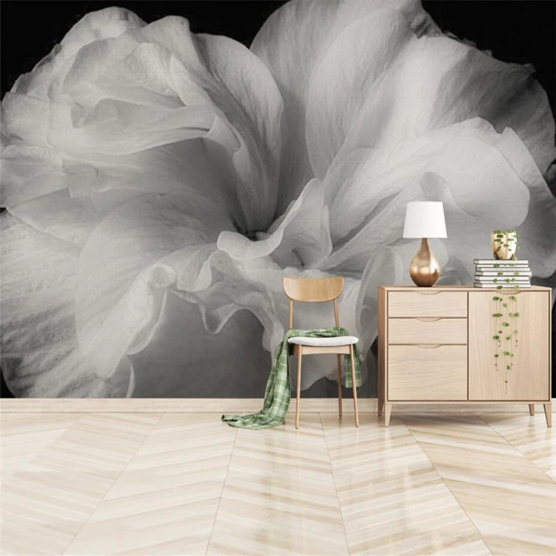 Customized product Beautiful hand-painted black white gray oil painting flower Nordic simple mural wallpaper living room bedroom
