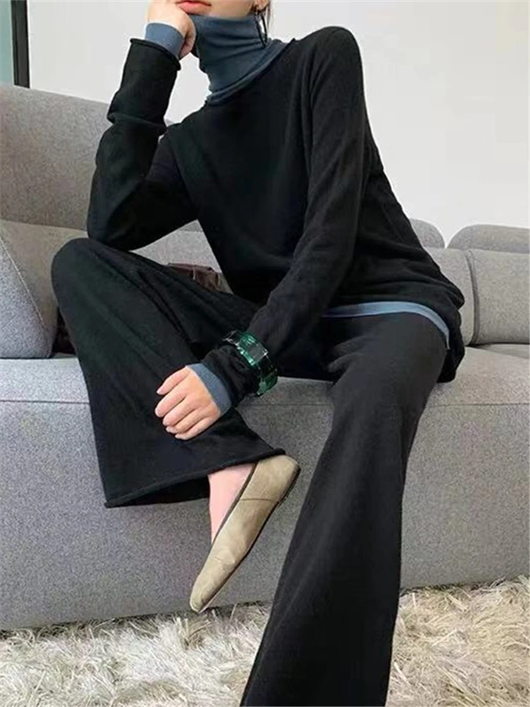 REALEFT Autumn Winter 2 Pieces Women Sets Cashmere Tracksuit 2024 Slash Neck Sweater and Wide Leg Jogging Pants Pullover Suits