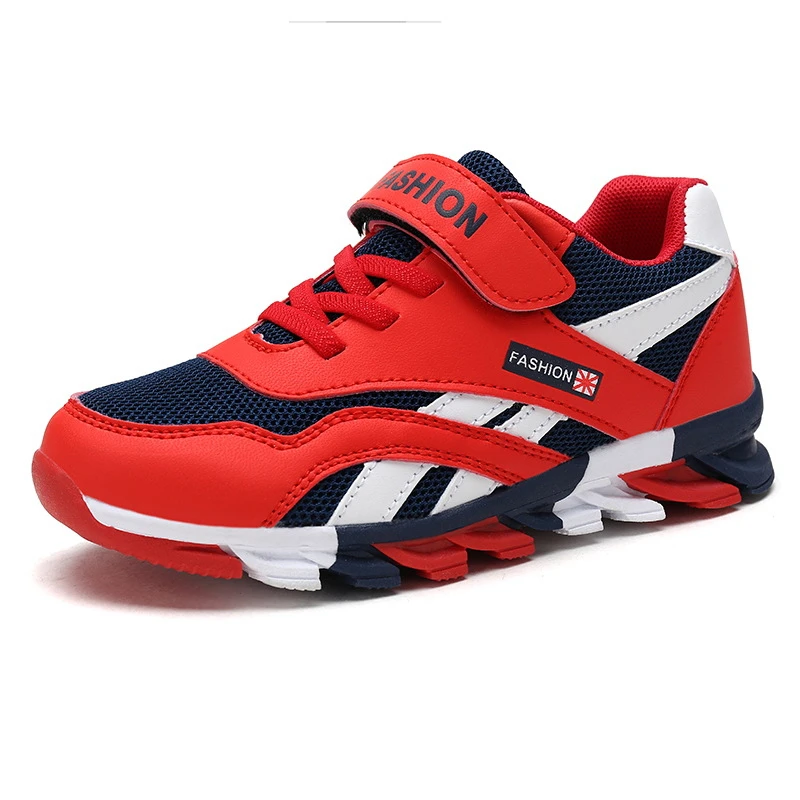 Kids Fashion Leather Sneakers Hook And Loop Blade Sole Shock Absorbing Running Shoes Breathable Perforated Upper Non Slip Casual