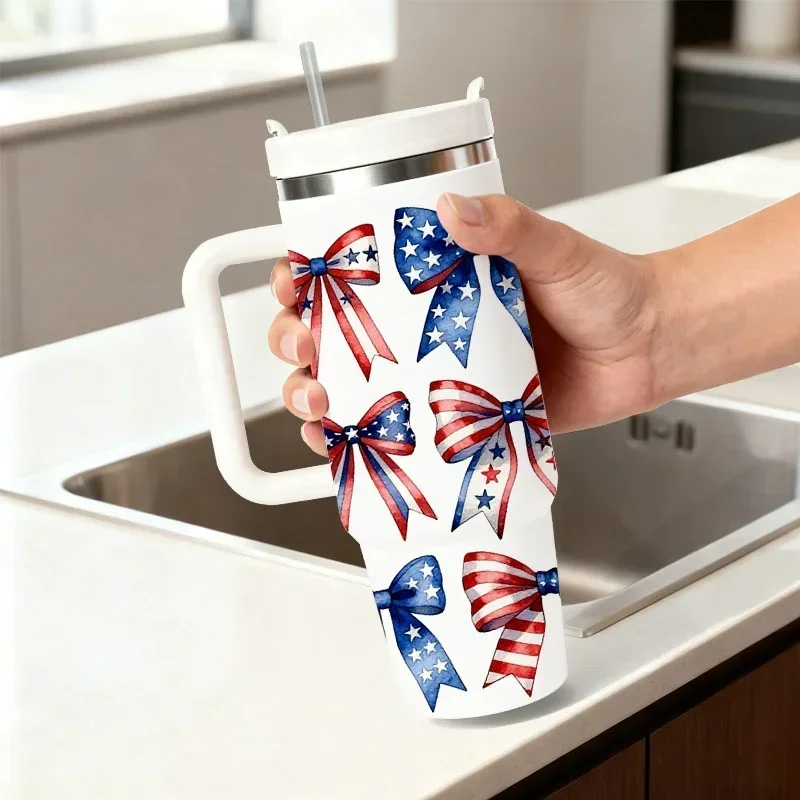 40oz Patriotic American Flag Digital Print Stainless Steel Insulated Tumbler, Star & Red Stripe Decorative Design, Reusable Thermal Cup for Keeping Drinks Hot or Cold, Ideal for Daily Use, Outdoor Commutes & Office