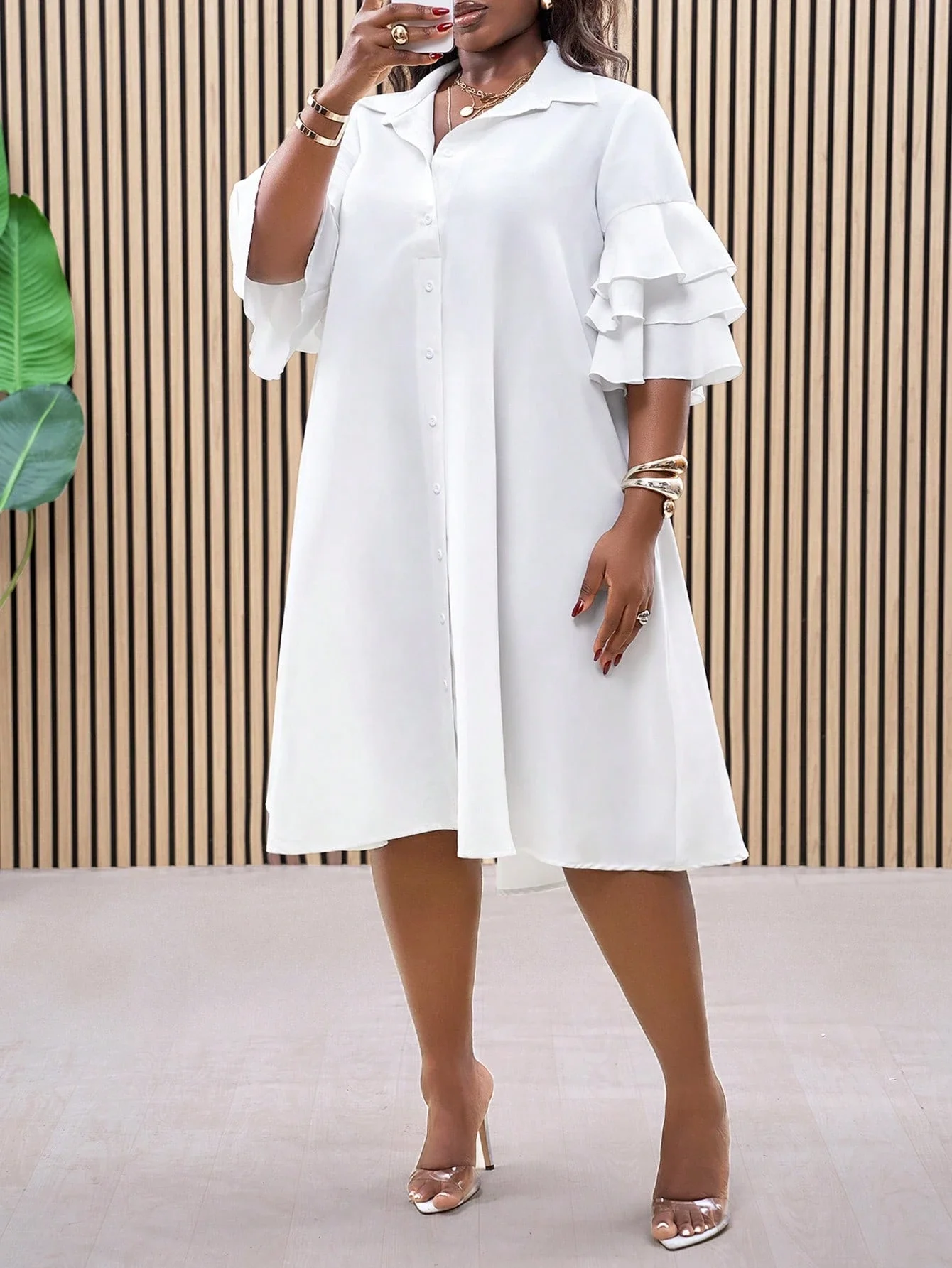 

Women Solid Color Casual Beach Shirt Dress With Ruffle Sleeve And Asymmetrical Hem