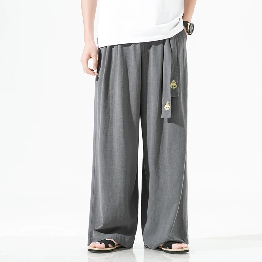 

Men's Summer High-End Ice Silk Wide Leg Pants Loose Large Size Casual Cotton Linen Dra Straight Leg Floor-Length Trousers