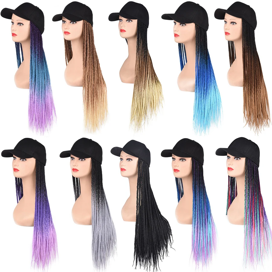 Alitomo 24 Inch Baseball Cap Hat Wig Hair with Hair Extensions Ombre Rainbow Synthetic Braided Box Braids Wigs for Black Women