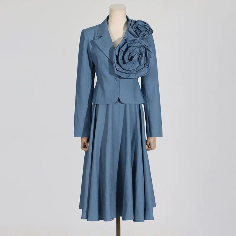Fashion Patchwork 3D Embossed Suit Two-Piece Set Elegant Collar Long Sleeve Button-Down Top New Imitation Denim High-Waist Skirt