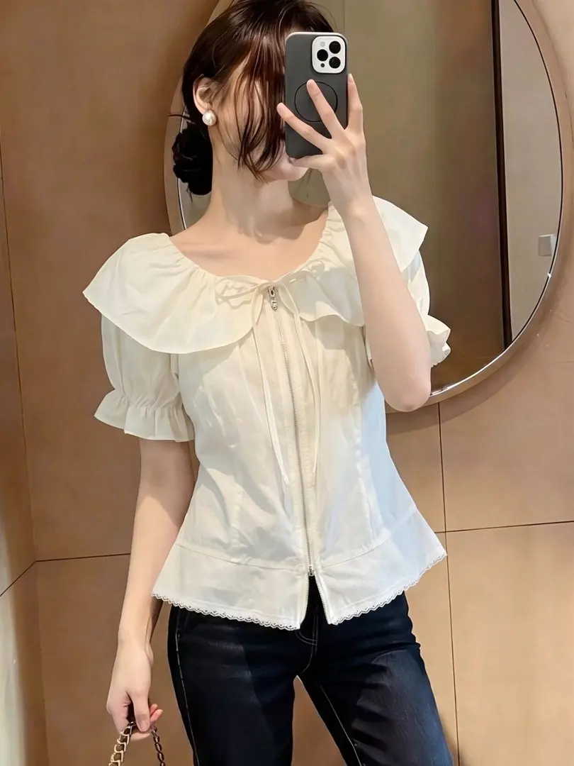 

Sweet Girl's Short Sleeve Zipper Shirt Korean Style Commute Straight Tube Blouse Daily Wear Casual Top for Young Women