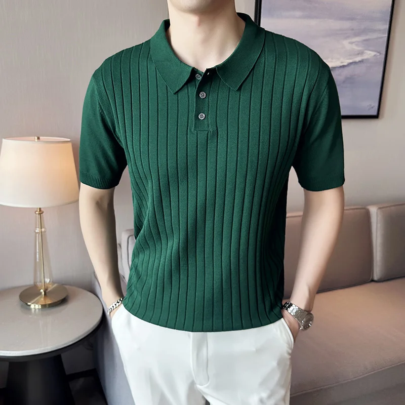 2023 Brand Clothing Men Knit Lapel Short Sleeve Men's T Shirt Slim Polo /Mens Summer with s 3XL