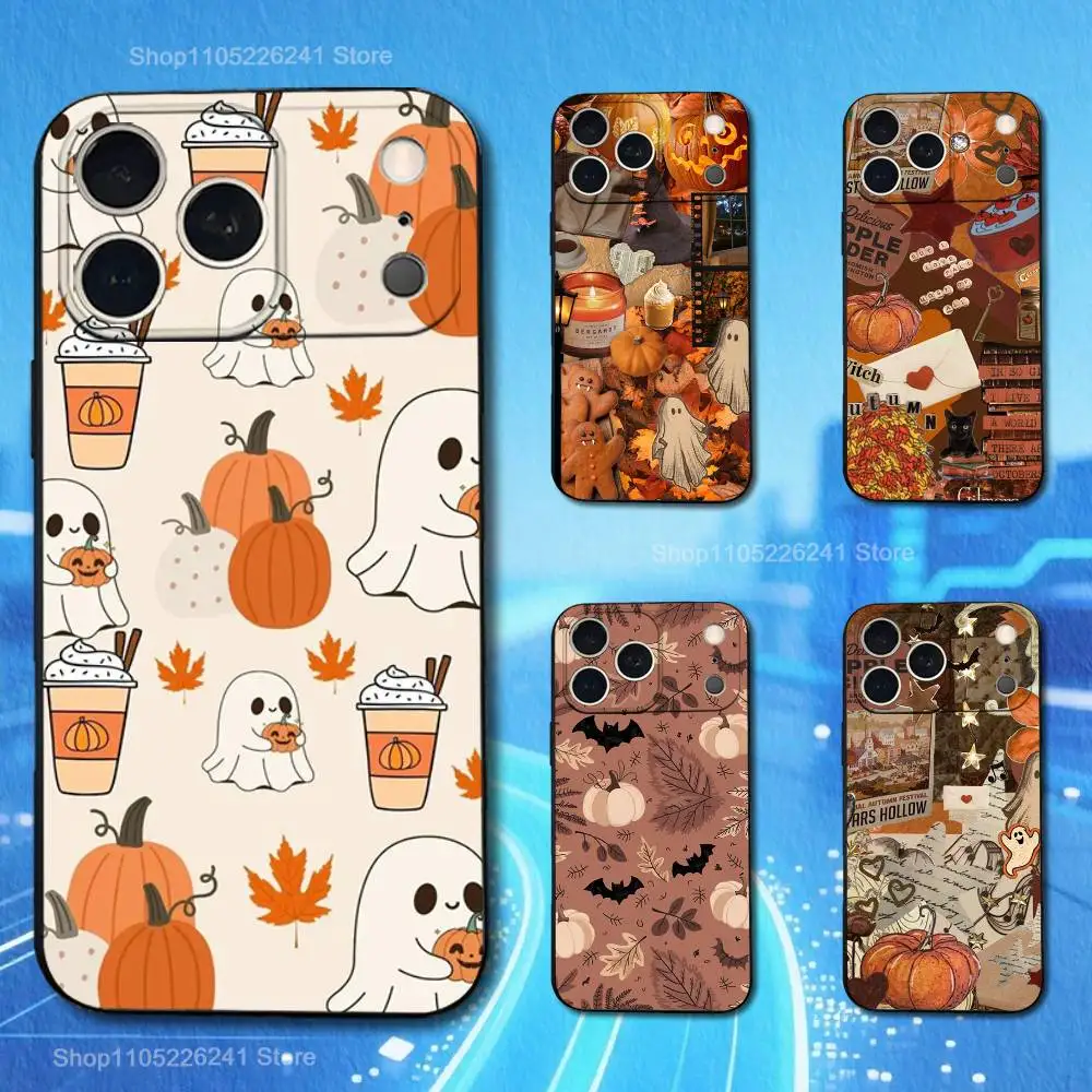 

Artwork Leaves Pumpkin Case For iPhone 11,12,15,14,13,16,17,Plus,Pro Max,XS,X,XR,SE,Mini,8,7,Soft Silicone Black