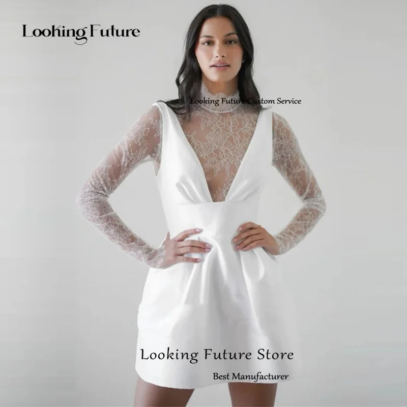 Customized Simple Mini Satin Lace Wedding Dress Pleat Long Sleeves Sexy High Neck Illusion With Button Short Wedding Gown 2026