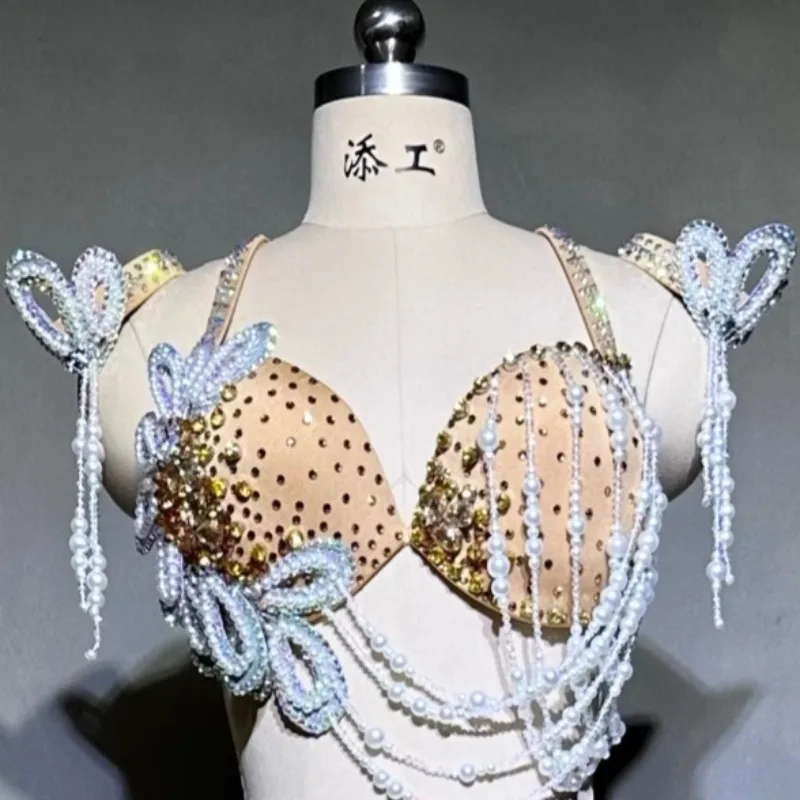 맞춤형 밸리 댄스 드레스 성능 드레스 새로운 Mirad 하이 엔드 옐로우 컬러 섹시한 가방 엉덩이 테일 스커트 브래지어