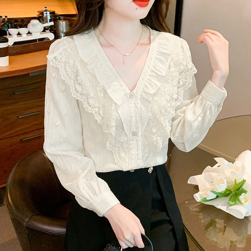 Fashion New Casual Long Sleeve V-Neck Women Blouse Lace Ruffles Chiffon Blouse Shirt Women Tops Blusas Mujer De Moda 2024 A599