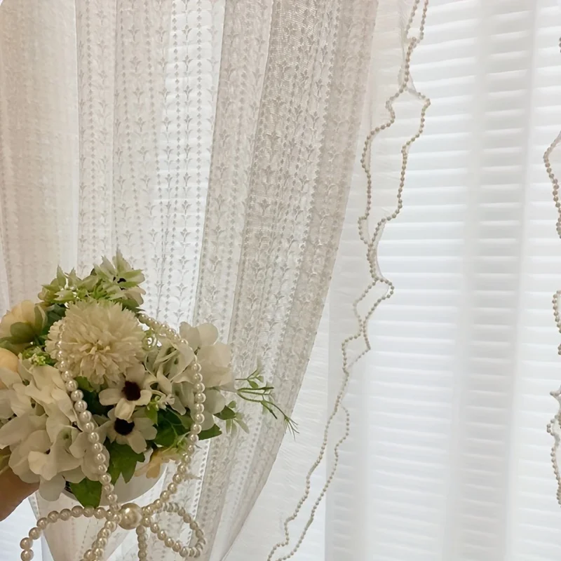 2Pc,French Romantic White Lace Tulle Curtain With Beaded Ruffles Trim Voile Sheer Curtains For Living Room,Bedroom Window Decor