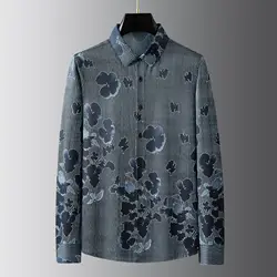 Luxury Floral Printed Men's Shirt Fashion Long Sleeve Casual Shirts High-quality Lapel Slim Fit Business Social Formal Shirt