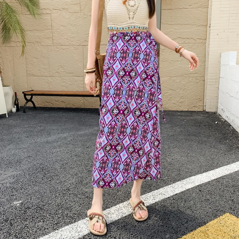 

Ethnic Tai Flower Totem Print Long Split Wrap Skirt f-length Beachside Women's Skirt Vintage Sle Wrap-around Polyester F...