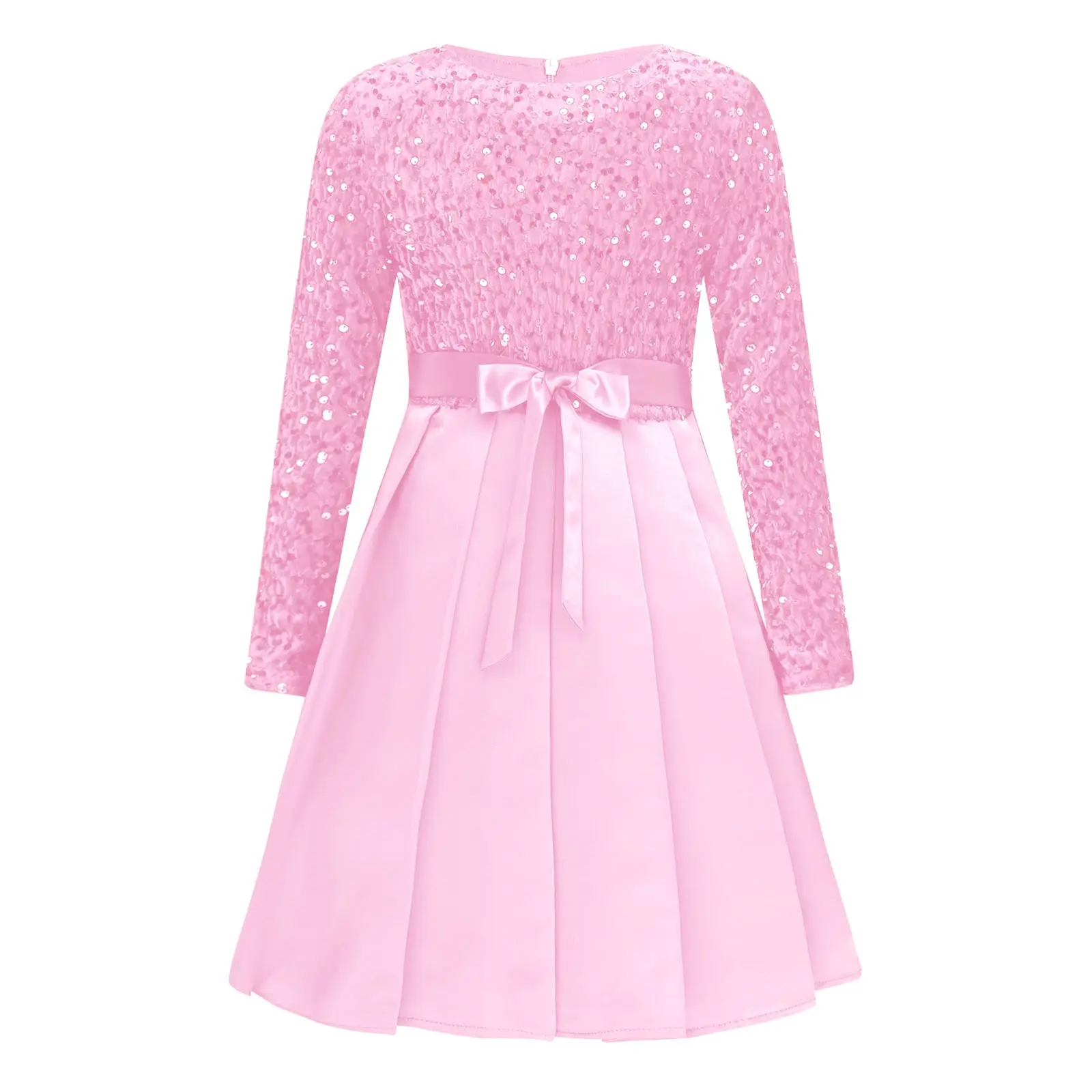 

Kids Flower Girls Dress Sequin Long Sleeve High Waist Belted Pleated Dresses Junior Christmas Banquet Wedding Party Ball Gown