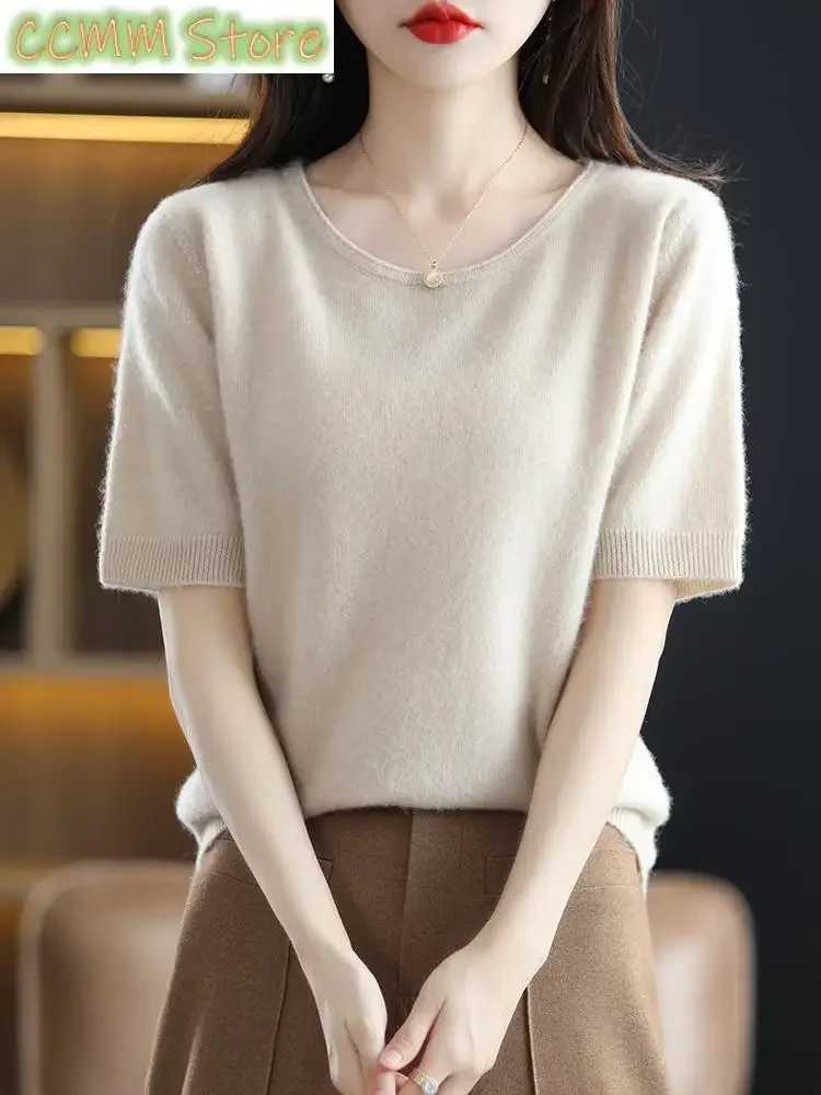 

Spring Summer Women's O-Neck Sweater 100% Merino Wool Pullover Female Cashmere Knitted T-Shirt Korean Fashion Short Sleeve