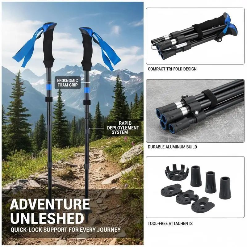 Bâtons de randonnée pliables en aluminium 36,5 cm, réglables 115-130 cm pour trekking, montagne, voyage, sac à dos, aventure, nature, marche, confort EVA ergonomique, bivouac, plein air, alpinisme