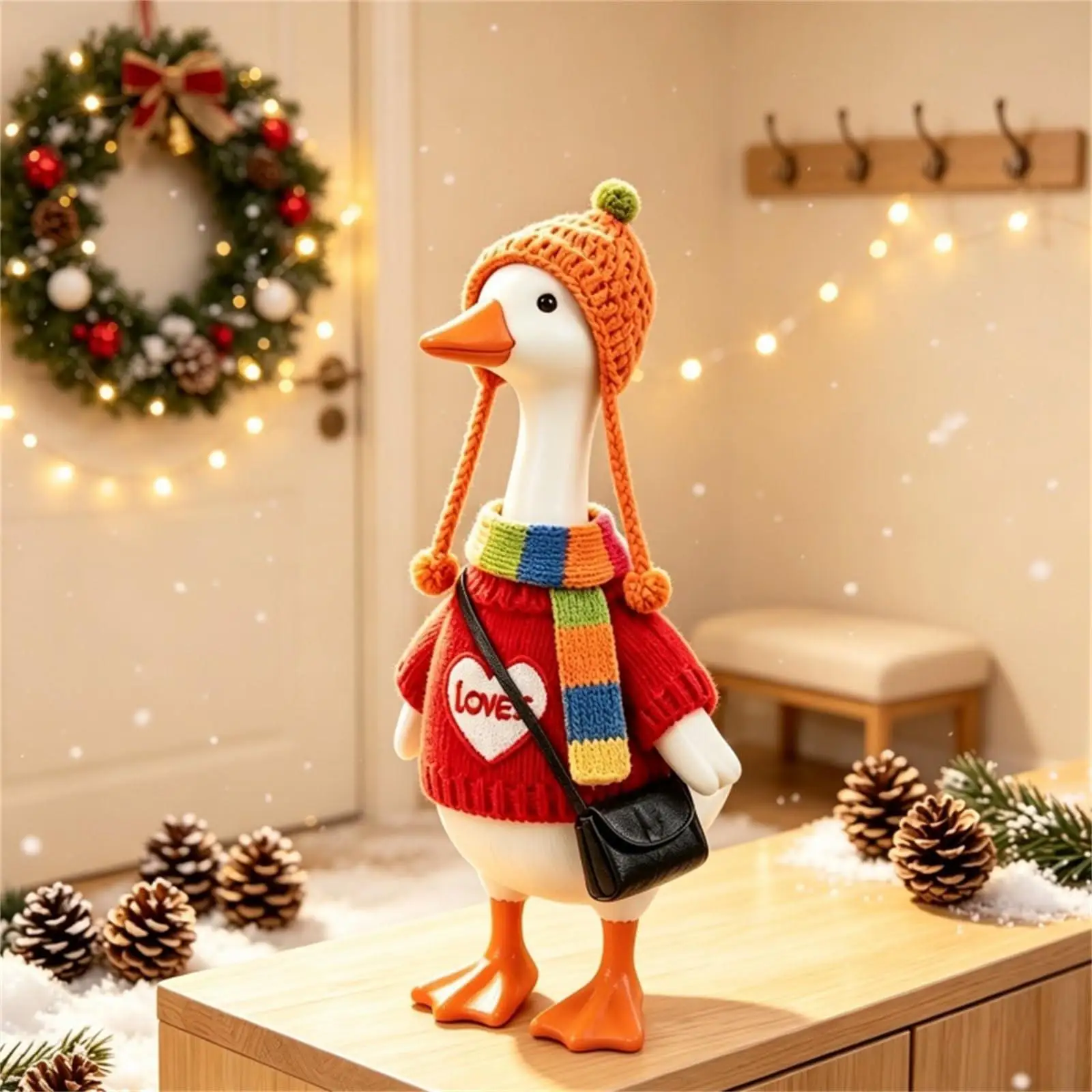 Winter desk Goose Outfit 4 Piece Fun Knitted Winter Hats Messenger Bag Scarf Set Small Goose Outfits For Patio Garden Back Yard