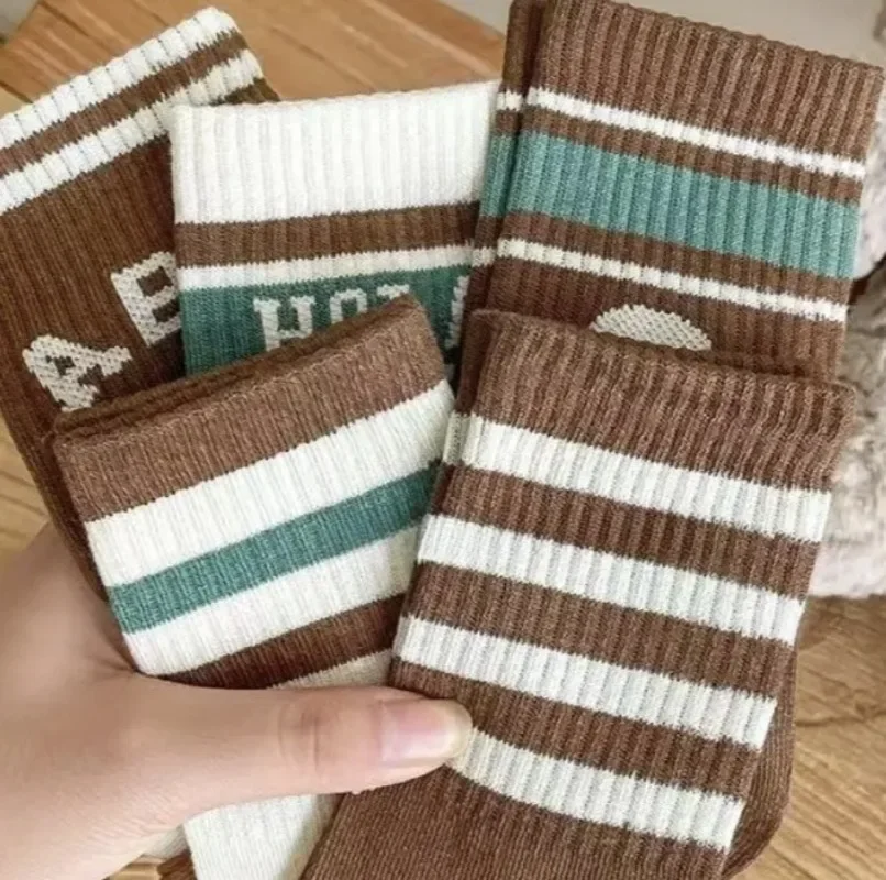 5 Pair/set Sporty Autumn Kids Boy Girl Sock Chic Korean Coffee Beige Color Letter Sock Autumn Spring Soft Cotton School Sock