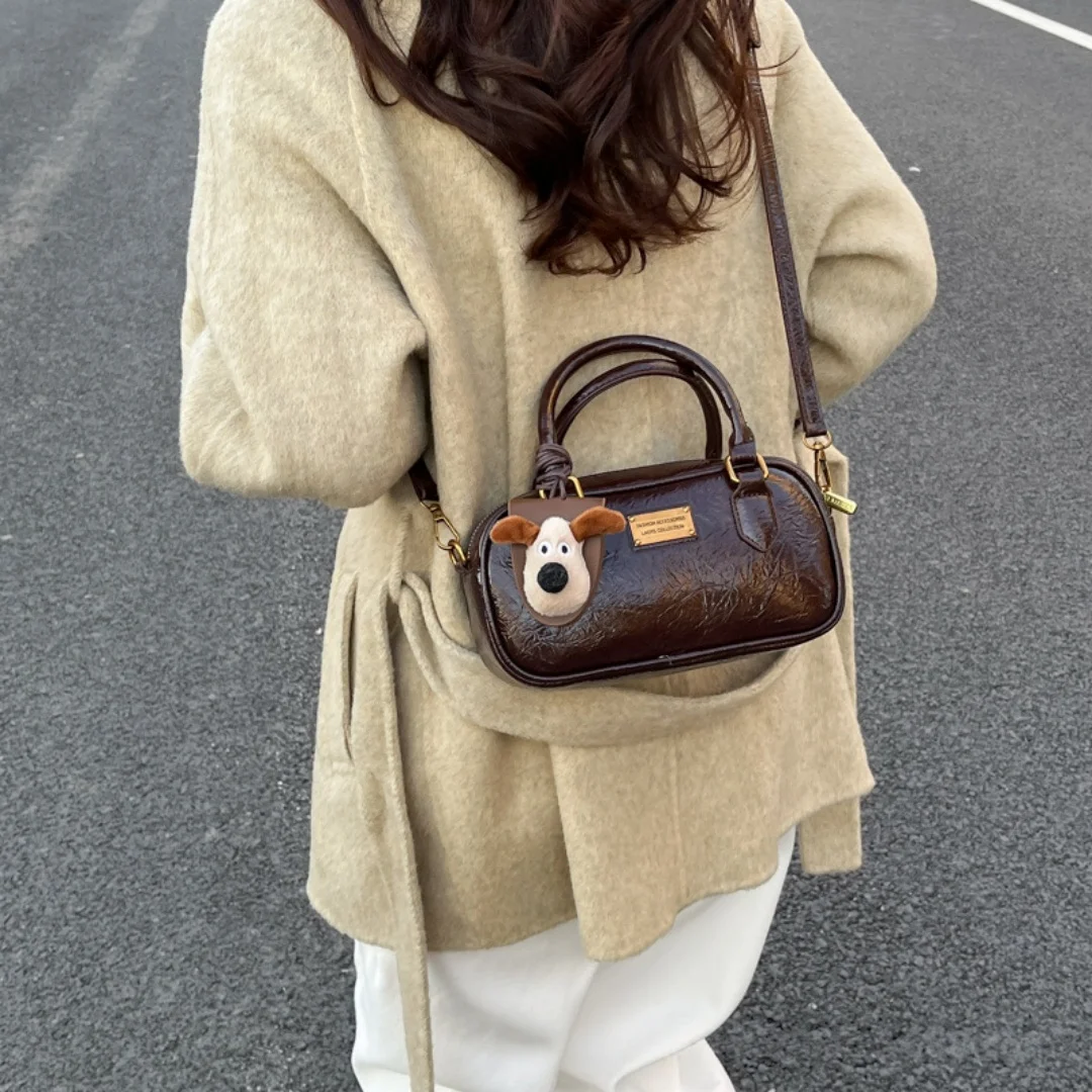 Retro Crackle PU Boston Bag with Cute Dog Charm for Women Girls Daily Street Fashion Small Crossbody Shoulder Handbag