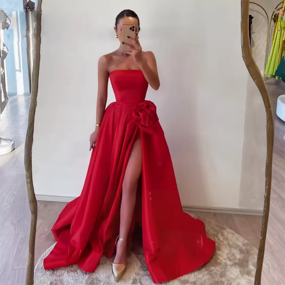 

A-Line Evening Dress for Women Red satin Sleeveless A-Line Party Dress Pleats Strapless Side High Split Prom Dresses Customized