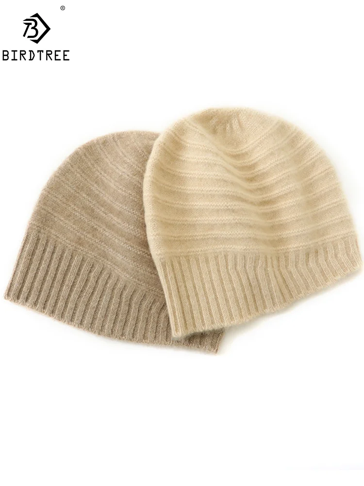 BirdTree, 35% Cashmere 65% Wool Fall Winter Knitted Hats, Women Ear Protection Stripe Hat, Simple Thicken Warm Cap A47171QM