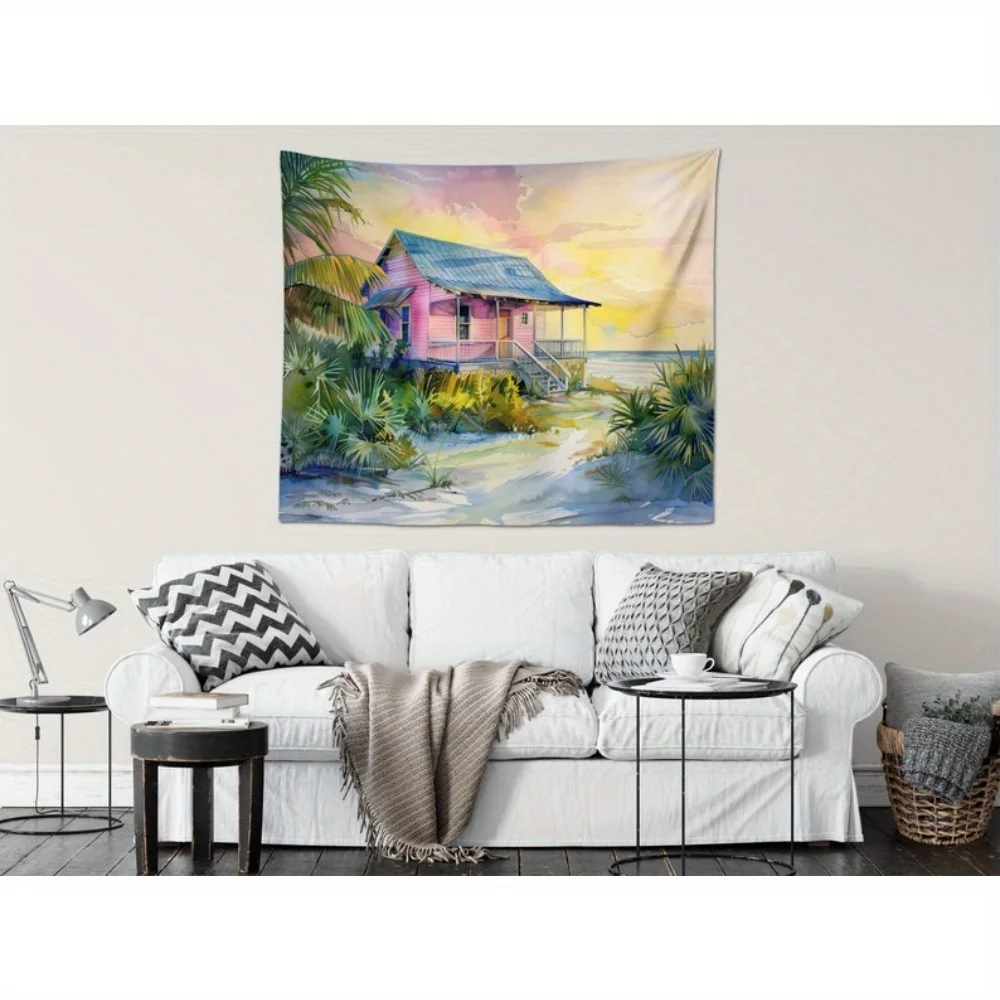 1pc Beach House Tapestry Coastal Pink Cottage Wall Hanging Sunset Ocean Scene Watercolor Wall Art for Bedroom Home Decor