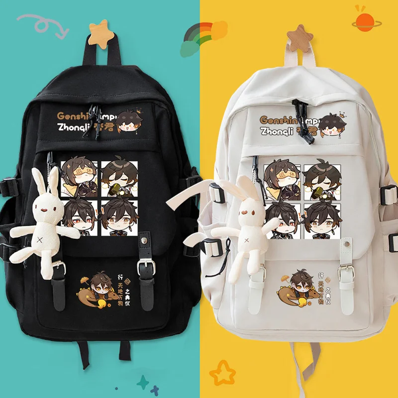 Game Genshin Impact Zhongli Alhaitham Backpack Students School Book Bags Black Mochila Bookbag