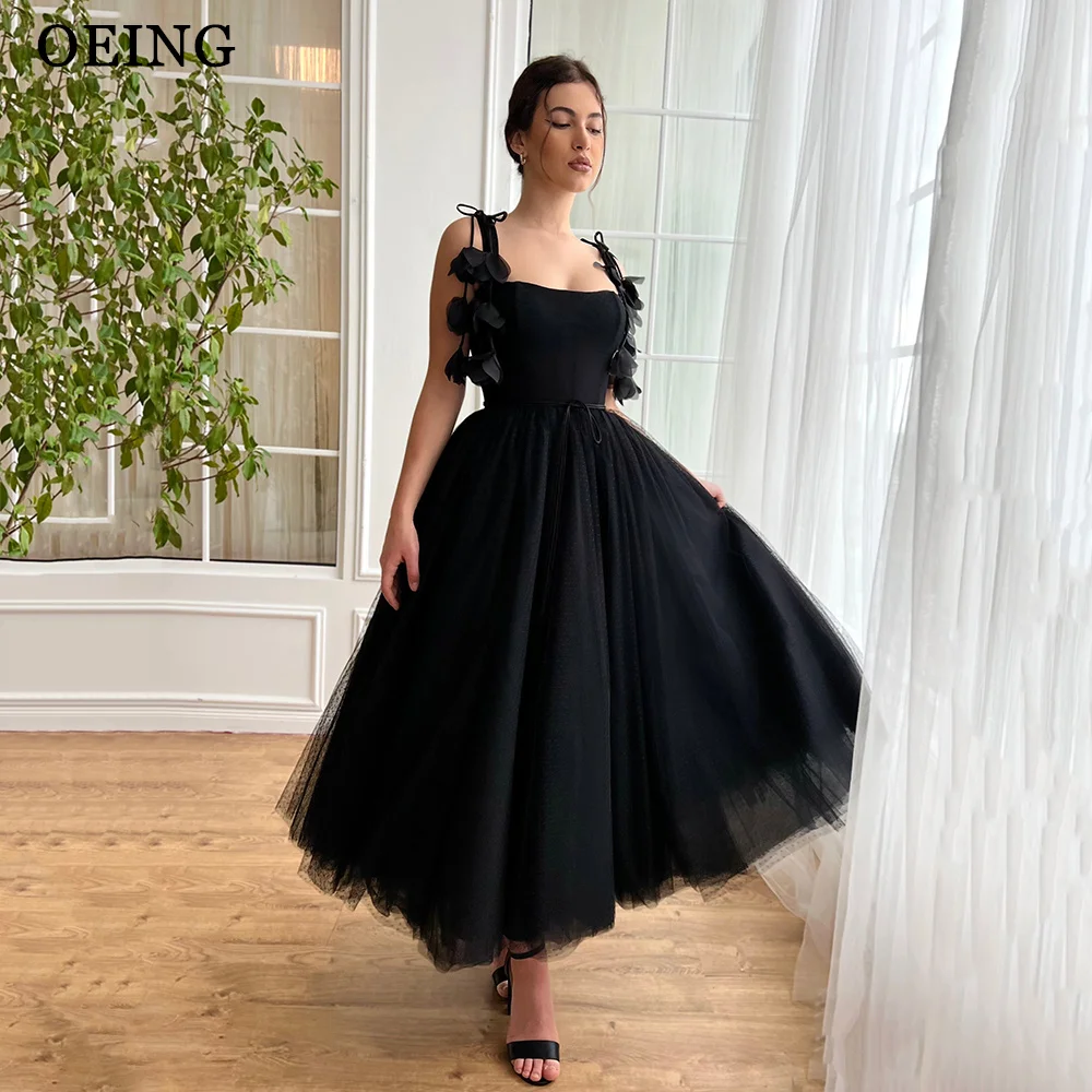 

OEING A-Line Prom Dresses Black Midi Dress With Embroidered Flowers Tulle Party Gowns for Women Ankle Length Evening Dresses