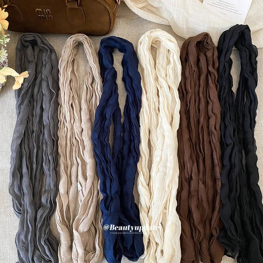 Textured Crinkled Thin Scarf Versatile Wrinkled Skinny Neck Wrap Lightweight Retro Soft Long Shawl Accent For Women