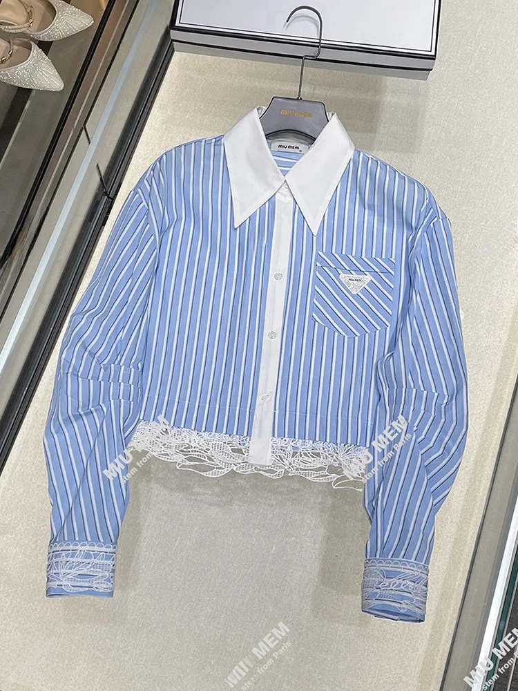 

Женский топ из кружева в синюю полоску в стиле пэчворк Ladylike Commute Sle из полиэстера с длинным светом и застежкой на пуговицы