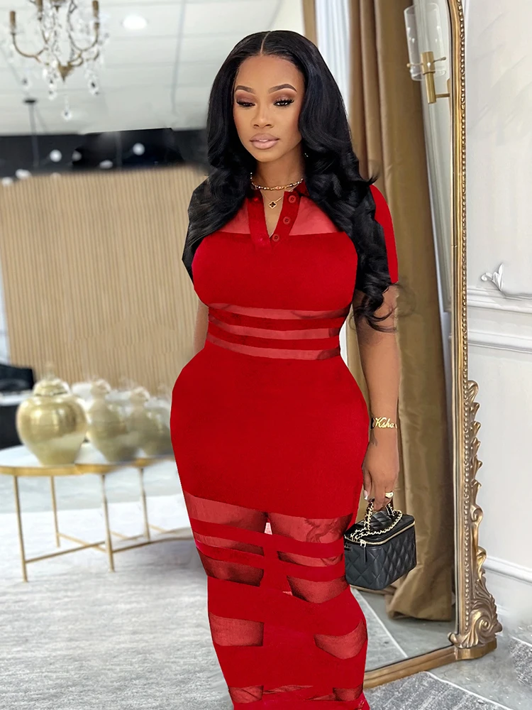 Macheda 여름 새로운 스타일 섹시한 긴 원피스 여성 메쉬 패치 워크 폴로 넥 미니 슬리브 스키니 피치 힙합 자정 코켓 베스티도