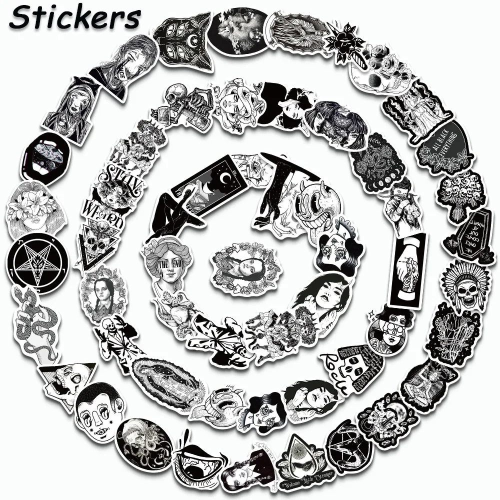 50PCS Gothic Punk Style Stickers Cool Black White Decal For Refrigerator Laptop Water Cup Skateboards Window Graffiti Stickers